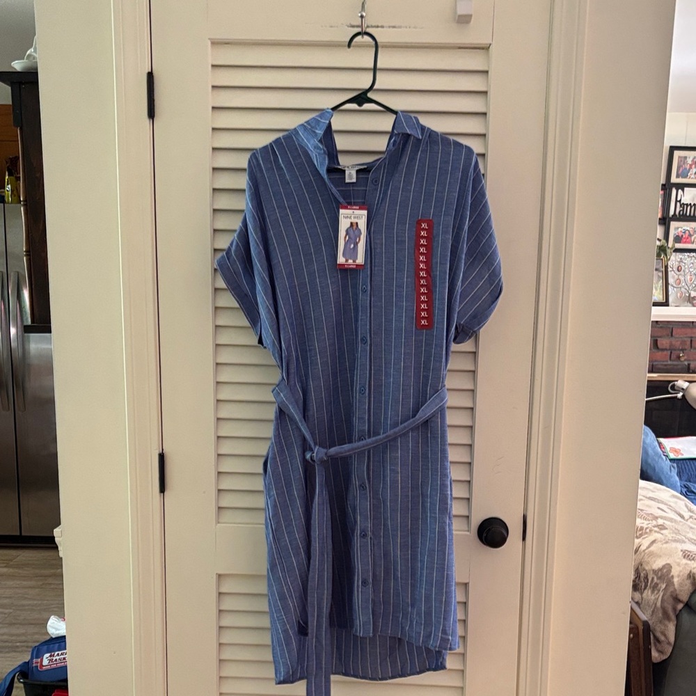 Nine West Blue & White Striped Short-Sleeve Button-Down Shirt Dress with Belt